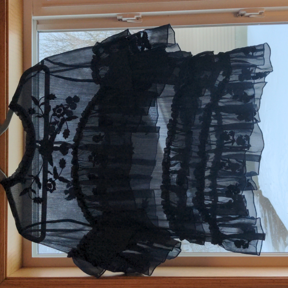 Sheer navy embroidered flutter sleeve top